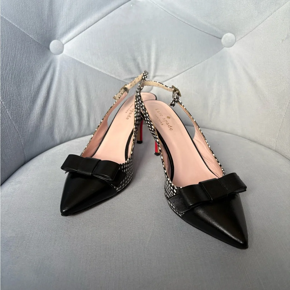 kate spade Black and White Polka Dot Bow Slingback Heels - Picture 4 of 10